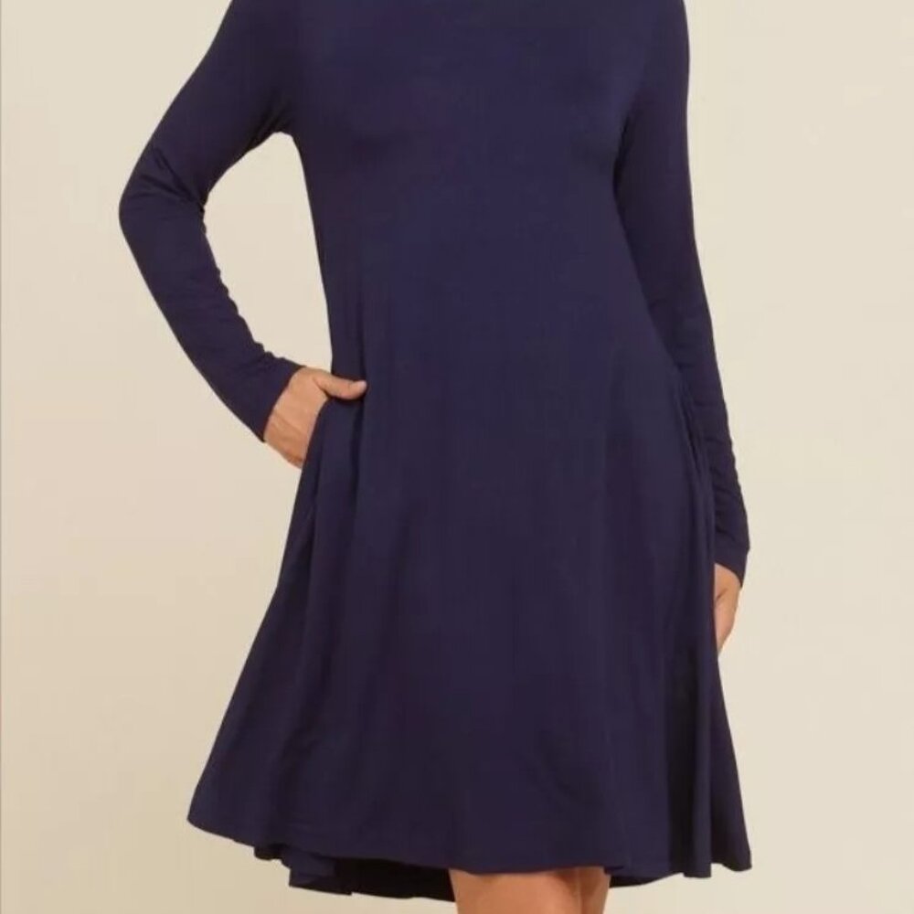 Annabelle Women's 2X Long Sleeve A-line Midi Swing Flowy Dresses Pockets Blue - Picture 2 of 6